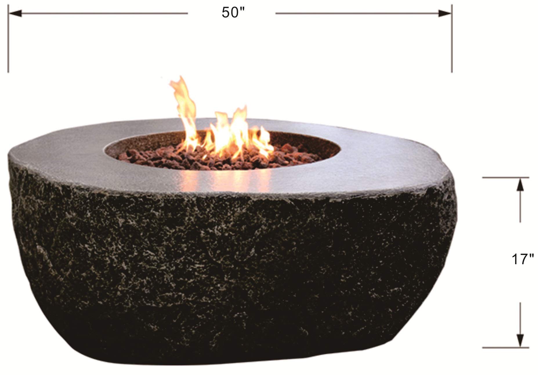 Elementi Outdoor Fiery Rock Fire Pit Table 50 x 42 Inches Grey Durable Glass Reinforced Concrete Square Fireplace Includes Burner Lava Rock Canvas Cover - Natural Gas