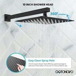 gotonovo Rainfall Shower System Matte Black with High Pressure 10 inch Shower Head Hand Held Square Shower Head Bathroom Luxury Rain Mixer Shower Complete Combo Set Wall Mounted