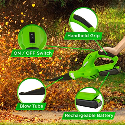 Lightweight Cordless Leaf Blower - 18V, 55 MPH Air Speed - Perfect for Decks, Gutter Cleaning, Snow & Small Yards - Rechargeable Battery & Charger Included, Average Charge Time 4 Hrs - Only 5 lbs.