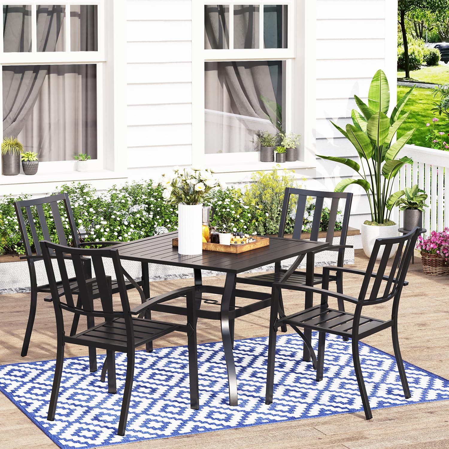 PHI VILLA 5 Piece Metal Patio Dining Set 37" Square Patio Bistro Table and Garden Backyard Chairs - Umbrella Hole 1.57"