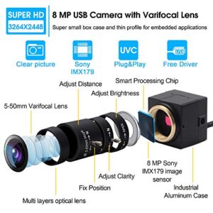 Hotpet 8MP Optical 10X Zoom 5-50mm Lens Webcam 2448P USB Industrial Camera with Sony (1/3.2”) IMX179 Sensor, Industrial Web Camera Support OpenCV for Linux Windows Android Mac,Plug&Play,UVC