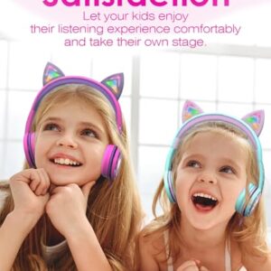 FosPower Kids Headphones with LED Cat Ears (Safe Volume Limit 85 dB), 3.5mm On-Ear Wired Headphones with Laced Tangle-Free Cables for Boys/Girls/School/Travel - Hot Pink/Purple