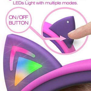 FosPower Kids Headphones with LED Cat Ears (Safe Volume Limit 85 dB), 3.5mm On-Ear Wired Headphones with Laced Tangle-Free Cables for Boys/Girls/School/Travel - Hot Pink/Purple