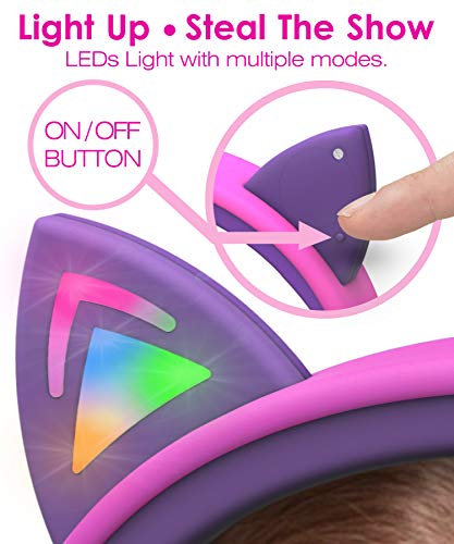 FosPower Kids Headphones with LED Cat Ears (Safe Volume Limit 85 dB), 3.5mm On-Ear Wired Headphones with Laced Tangle-Free Cables for Boys/Girls/School/Travel - Hot Pink/Purple