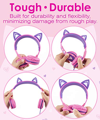 FosPower Kids Headphones with LED Cat Ears (Safe Volume Limit 85 dB), 3.5mm On-Ear Wired Headphones with Laced Tangle-Free Cables for Boys/Girls/School/Travel - Hot Pink/Purple