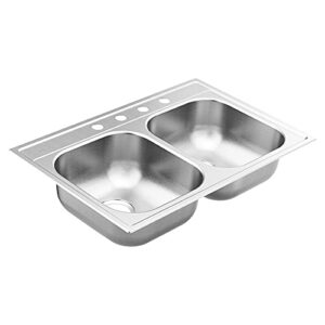moen gs202154bq 2000 series 33-inch 20 gauge drop-in double bowl stainless steel kitchen sink, 4 hole, featuring quickmount