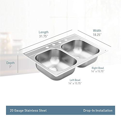 Moen GS202154BQ 2000 Series 33-inch 20 Gauge Drop-in Double Bowl Stainless Steel Kitchen Sink, 4 Hole, Featuring QuickMount