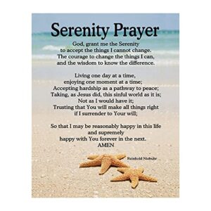 Serenity Prayer - Beach Christian Wall Decor, Starfish Scripture Inspirational Wall Art, Ideal Bible Inspired Wall Print For Living Room Decor, Office Decor, Church, or Beach House Unframed - 8x10