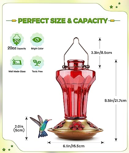 BOLITE 18018-R Hummingbird Feeder, Glass Hummingbird Feeder for Outdoors, Tower Shape Bottle, 20 Ounces, Red