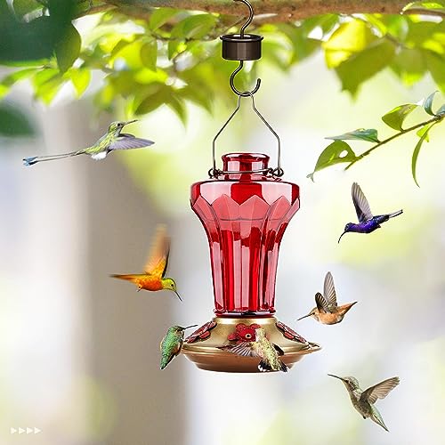 BOLITE 18018-R Hummingbird Feeder, Glass Hummingbird Feeder for Outdoors, Tower Shape Bottle, 20 Ounces, Red