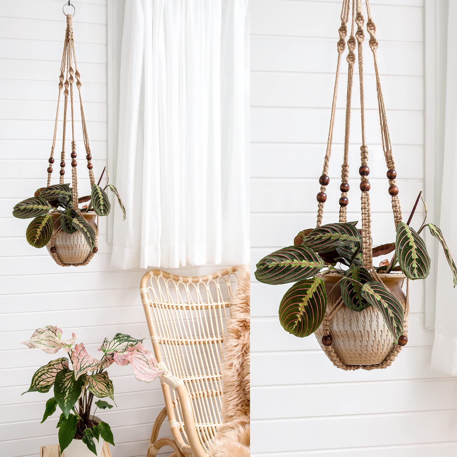Mkono Macrame Plant Hangers 4 Pcs Indoor Outdoor Hanging Planter Basket Jute Rope Flower Pot Holder Boho Hippie Style