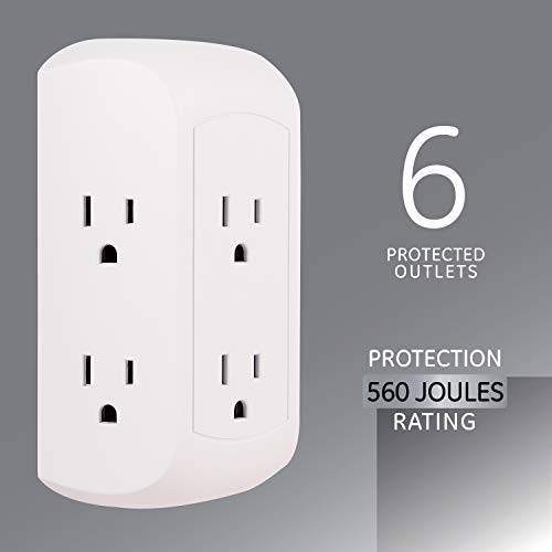 GE Pro 6-Outlet Extender, Surge Protector, Spaced Wall Tap, Side-Access, 3-Prong Power Strip, Charging Station, 560 Joules, UL Listed, White, 43648