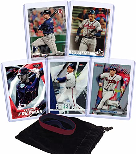 Freddie Freeman Baseball Cards (5) ASSORTED Atlanta Braves Trading Card and Wristbands Gift Bundle