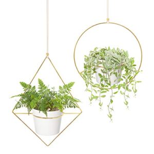 mkono boho metal hanging planter with plastic pots, set of 2 , modern mid century flower pot plant holder in diamond and circle shape, fits 6 inch , gold