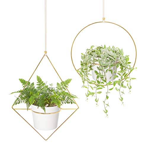 Mkono Boho Metal Hanging Planter with Plastic Pots, Set of 2 , Modern Mid Century Flower Pot Plant Holder in Diamond and Circle Shape, Fits 6 Inch , Gold