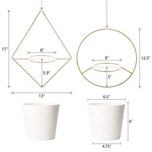 Mkono Boho Metal Hanging Planter with Plastic Pots, Set of 2 , Modern Mid Century Flower Pot Plant Holder in Diamond and Circle Shape, Fits 6 Inch , Gold