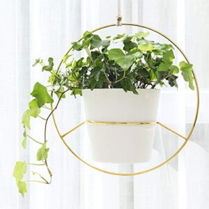 Mkono Boho Metal Hanging Planter with Plastic Pots, Set of 2 , Modern Mid Century Flower Pot Plant Holder in Diamond and Circle Shape, Fits 6 Inch , Gold