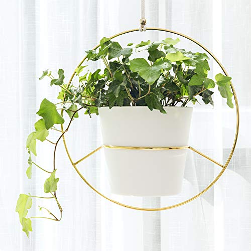 Mkono Boho Metal Hanging Planter with Plastic Pots, Set of 2 , Modern Mid Century Flower Pot Plant Holder in Diamond and Circle Shape, Fits 6 Inch , Gold