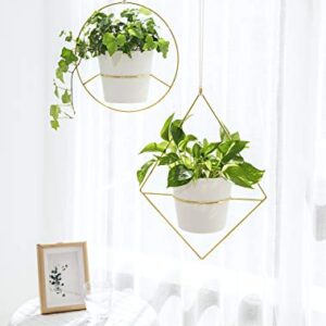 Mkono Boho Metal Hanging Planter with Plastic Pots, Set of 2 , Modern Mid Century Flower Pot Plant Holder in Diamond and Circle Shape, Fits 6 Inch , Gold