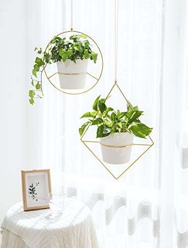 Mkono Boho Metal Hanging Planter with Plastic Pots, Set of 2 , Modern Mid Century Flower Pot Plant Holder in Diamond and Circle Shape, Fits 6 Inch , Gold