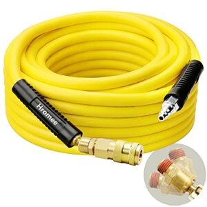 hromee air compressor hose 3/8 in x 50 ft hybrid rubber & pvc hose with 1/4 in mnpt swivel end connector and quick universal industrial coupler & plug kit 300 psi yellow