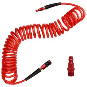 hromee 1/4 in x 25 ft polyurethane recoil air hose with bend restrictors compressor hose with 1/4" industrial universal quick coupler and i/m plug kit, red
