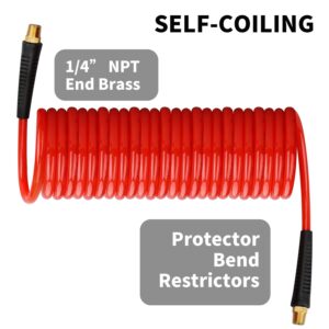 Hromee 1/4 in x 25 ft Polyurethane Recoil Air Hose with Bend Restrictors Compressor Hose with 1/4" Industrial Universal Quick Coupler and I/M Plug Kit, Red