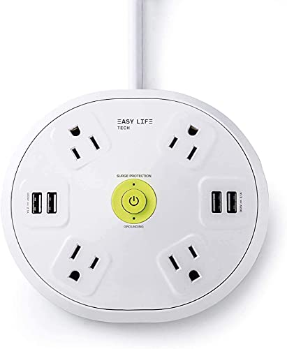 Power Strip Surge Protector Hub with 4 Outlet 4 USB 6 ft Extension Cord for Conference Room, 1200 Joules, Round Design by Easylife Tech