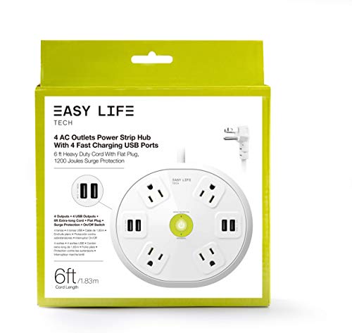 Power Strip Surge Protector Hub with 4 Outlet 4 USB 6 ft Extension Cord for Conference Room, 1200 Joules, Round Design by Easylife Tech