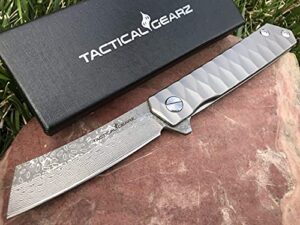 tactical gearz custom damascus steel edc pocket folding knife, solid tc4 titanium handle! includes sheath! for outdoor camping, hiking, gifts for men, birthday gifts (silver xs)
