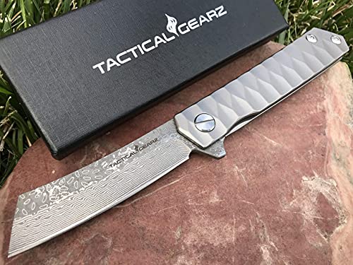 TACTICAL GEARZ Custom Damascus Steel EDC Pocket Folding Knife, Solid Tc4 Titanium Handle! Includes Sheath! For Outdoor Camping, Hiking, Gifts for Men, Birthday Gifts (Silver XS)