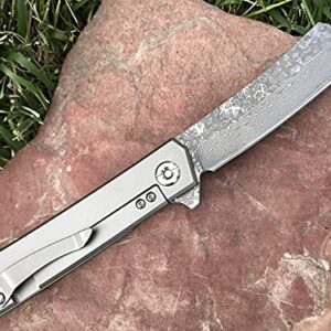 TACTICAL GEARZ Custom Damascus Steel EDC Pocket Folding Knife, Solid Tc4 Titanium Handle! Includes Sheath! For Outdoor Camping, Hiking, Gifts for Men, Birthday Gifts (Silver XS)