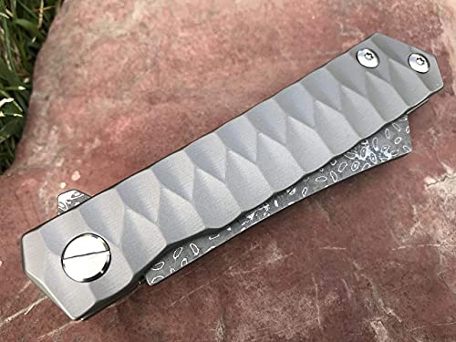 TACTICAL GEARZ Custom Damascus Steel EDC Pocket Folding Knife, Solid Tc4 Titanium Handle! Includes Sheath! For Outdoor Camping, Hiking, Gifts for Men, Birthday Gifts (Silver XS)