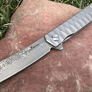 TACTICAL GEARZ Custom Damascus Steel EDC Pocket Folding Knife, Solid Tc4 Titanium Handle! Includes Sheath! For Outdoor Camping, Hiking, Gifts for Men, Birthday Gifts (Silver XS)