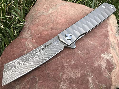 TACTICAL GEARZ Custom Damascus Steel EDC Pocket Folding Knife, Solid Tc4 Titanium Handle! Includes Sheath! For Outdoor Camping, Hiking, Gifts for Men, Birthday Gifts (Silver XS)