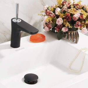 REGALMIX Pop Up Drain, Bathroom Faucet Vessel Vanity Sink Drain Stopper, Built-In Anti-Clogging Strainer, without Overflow Matt Black,Fits Standard American Drain Hole(1-1/2" to 1-3/4") RWF082G