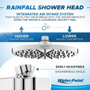8 Inch Rainfall Shower Head by WaterPoint - Large High Pressure Water Saving Showerhead - Brass Swivel Ball and Polished Chrome Finish