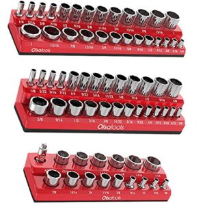 olsa tools magnetic socket organizers | 3 piece set socket holder kit | 1/2-inch, 3/8-inch, & 1/4-inch drive | sae red | holds 68 sockets | professional quality tools organizer part 1150