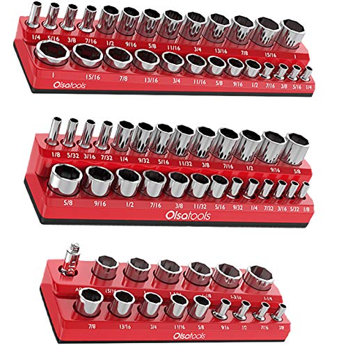 Olsa Tools Magnetic Socket Organizers | 3 Piece Set Socket Holder Kit | 1/2-inch, 3/8-inch, & 1/4-inch Drive | SAE Red | Holds 68 Sockets | Professional Quality Tools Organizer Part 1150