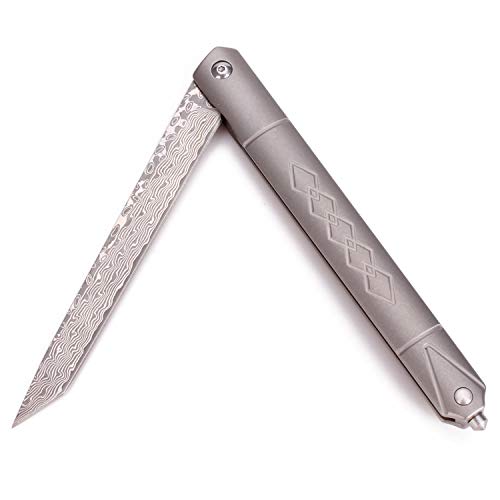 Samior GD035 Small Slim Folding Pocket Flipper Knife, 3.5 inches VG10 Damascus Tanto Blade, Grey Titanium Handle Frame Lock Pocket Clip, Sleek EDC Low Profile Gentleman's Knives