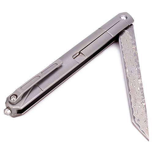 Samior GD035 Small Slim Folding Pocket Flipper Knife, 3.5 inches VG10 Damascus Tanto Blade, Grey Titanium Handle Frame Lock Pocket Clip, Sleek EDC Low Profile Gentleman's Knives
