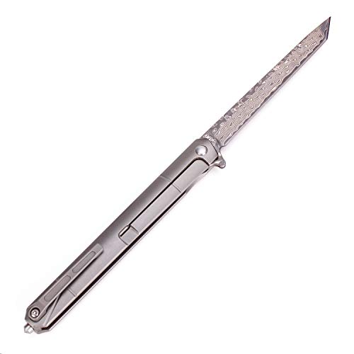 Samior GD035 Small Slim Folding Pocket Flipper Knife, 3.5 inches VG10 Damascus Tanto Blade, Grey Titanium Handle Frame Lock Pocket Clip, Sleek EDC Low Profile Gentleman's Knives