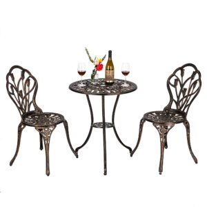 bonnlo patio bistro sets 3 piece cast aluminum bistro table and chairs, rust resistant outdoor bistro set patio table and chairs tulip design