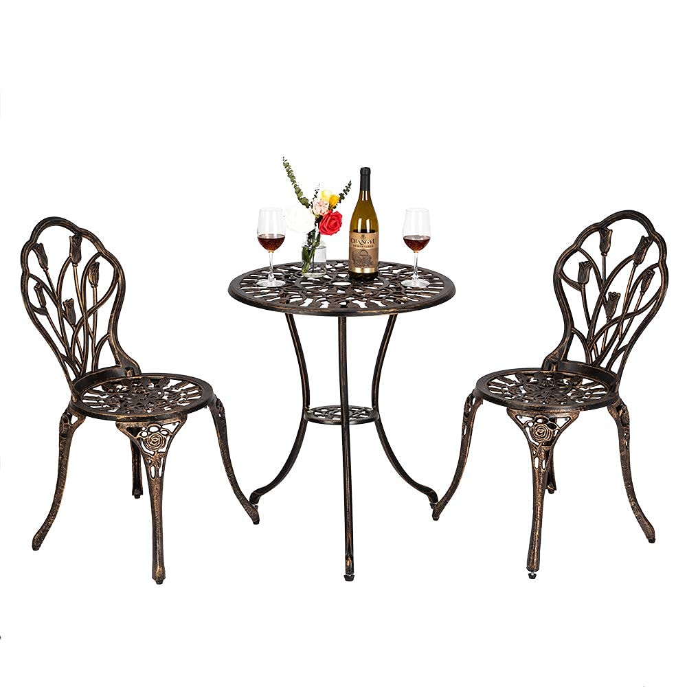 Bonnlo Patio Bistro Sets 3 Piece Cast Aluminum Bistro Table and Chairs, Rust Resistant Outdoor Bistro Set Patio Table and Chairs Tulip Design