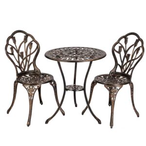 Bonnlo Patio Bistro Sets 3 Piece Cast Aluminum Bistro Table and Chairs, Rust Resistant Outdoor Bistro Set Patio Table and Chairs Tulip Design