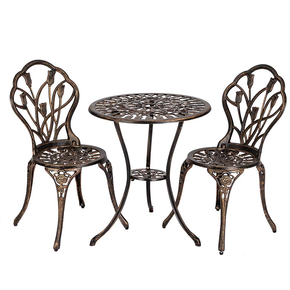 Bonnlo Patio Bistro Sets 3 Piece Cast Aluminum Bistro Table and Chairs, Rust Resistant Outdoor Bistro Set Patio Table and Chairs Tulip Design