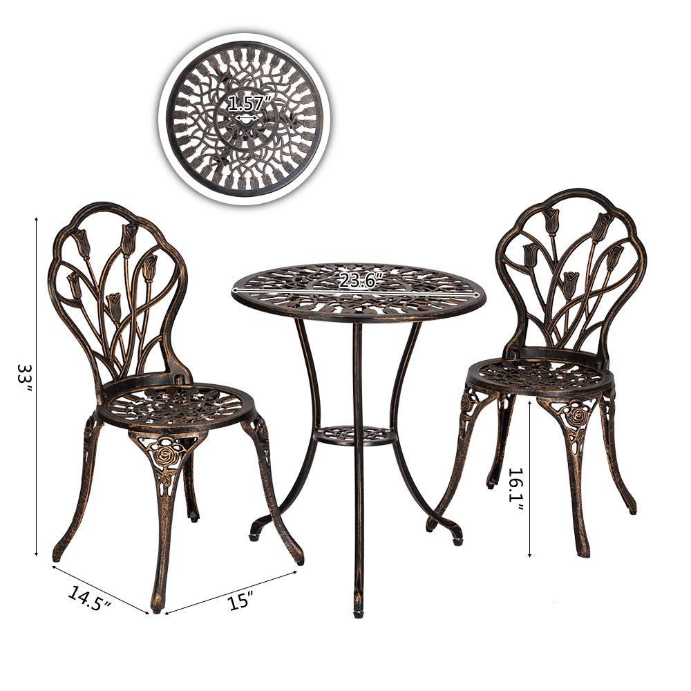 Bonnlo Patio Bistro Sets 3 Piece Cast Aluminum Bistro Table and Chairs, Rust Resistant Outdoor Bistro Set Patio Table and Chairs Tulip Design