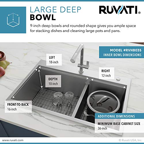 Ruvati 33 x 22 inch Workstation Drop-in 60/40 Double Bowl Topmount Tight Radius 16 Gauge Stainless Steel Ledge Kitchen Sink - RVH8035