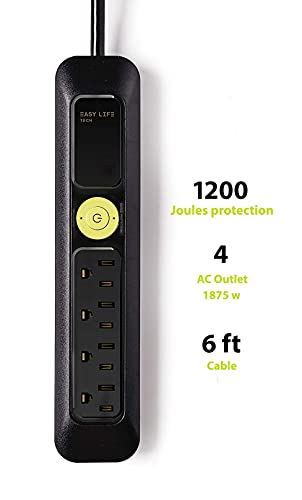 Power Strip Surge Protector with 4 Outlets Heavy Duty 6 ft Extension Cord for Home and Office by Easylife Tech, Black