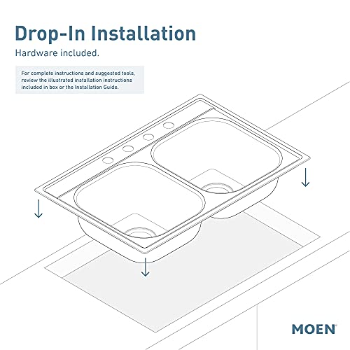 Moen GS202134Q 2000 Series 33-inch 20 Gauge Drop-in Double Bowl Stainless Steel Kitchen Sink, Featuring QuickMount